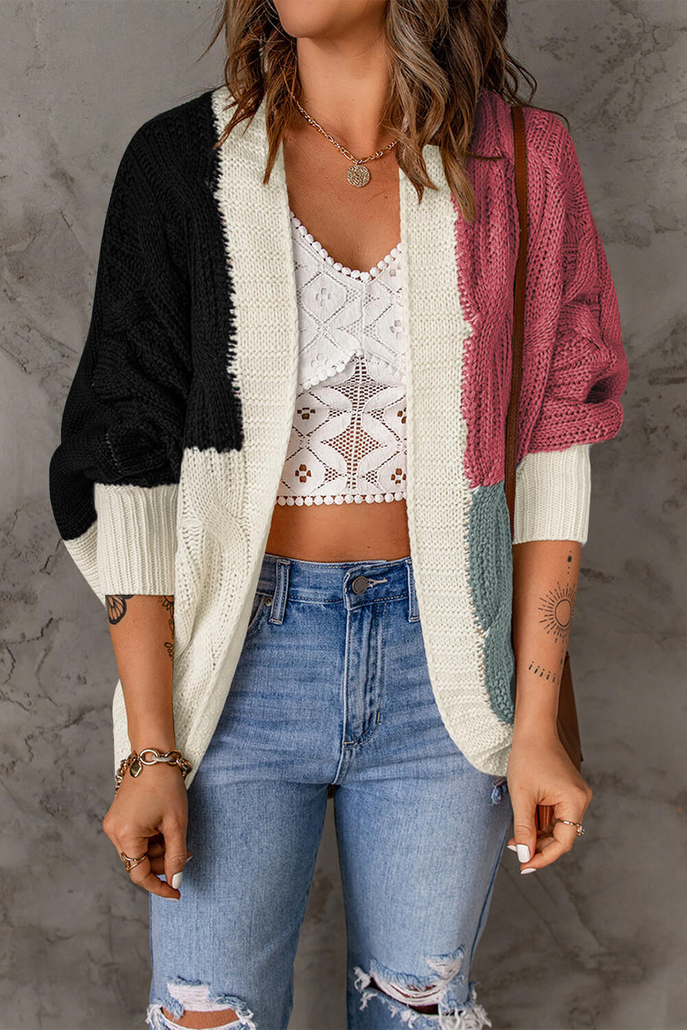 Woven Right Color Block Cable-Knit Batwing Sleeve Cardigan - TiffanyzKlozet