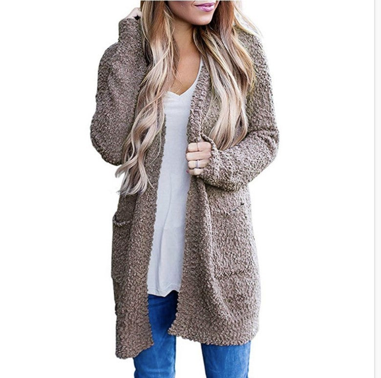 Women’s Solid Color Fleece Mid-Length Cardigan