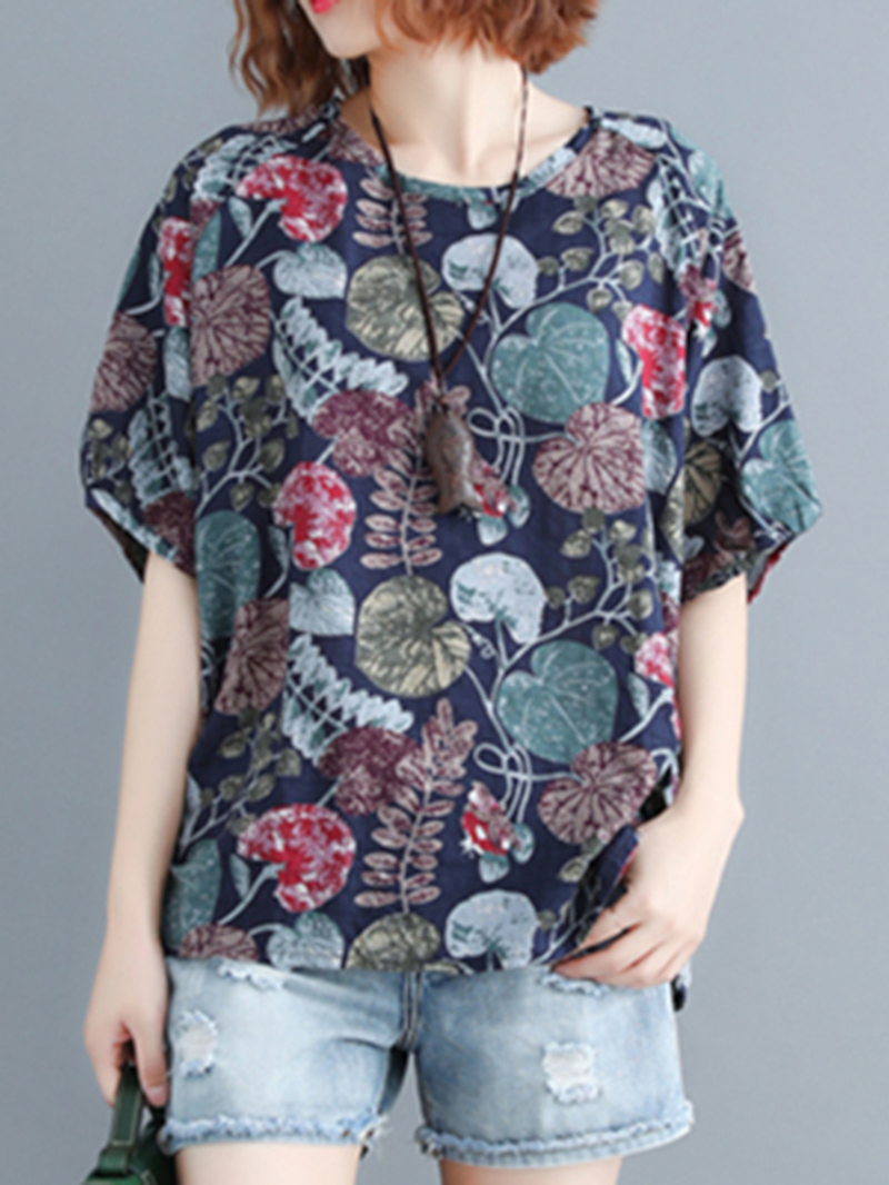 Women Plant Leaf Print round Neck Casual Relaxed Half Sleeve Blouses dylinoshop