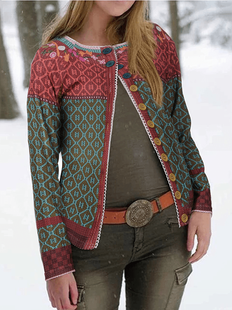 Ethnic Print Patchwork Long Sleeve Cardigans for Women - MRSLM