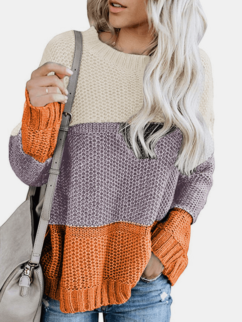 Women Contrast Color Patchwork round Neck Long Sleeve Knitted Casual Sweater - MRSLM