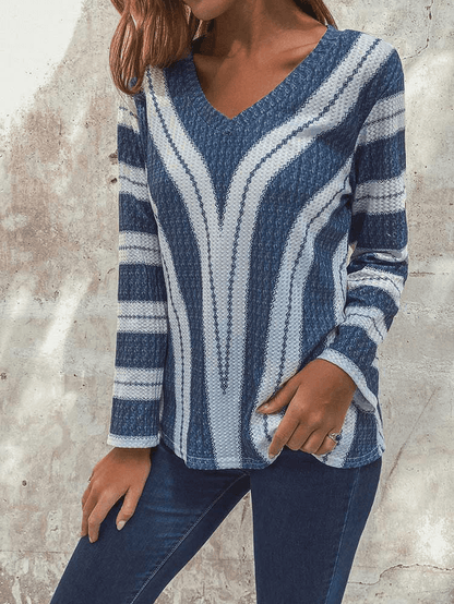 Stripe V-Neck Long Sleeve Casual Knit Sweaters Blouse for Women - MRSLM