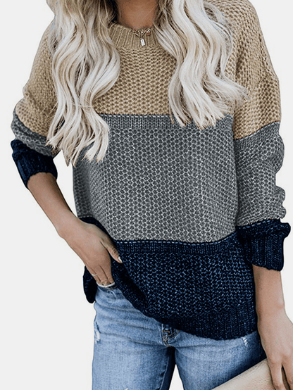 Women Contrast Color Patchwork round Neck Long Sleeve Knitted Casual Sweater - MRSLM