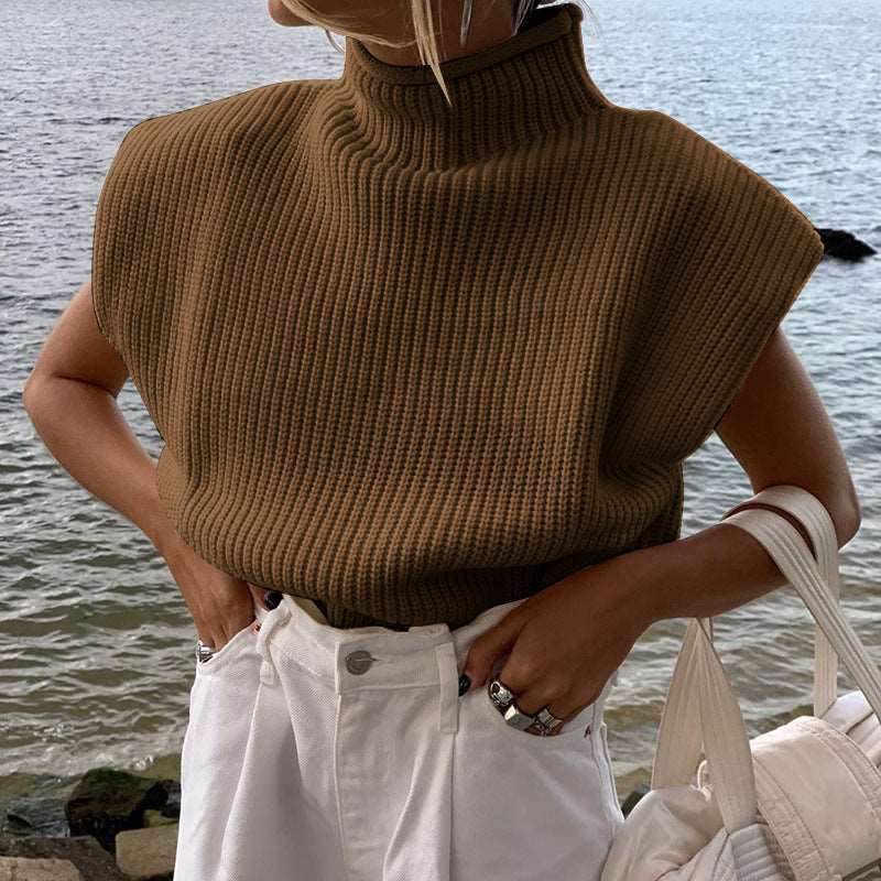 Women's solid colours turtleneck knitted sweater with short sleeves top