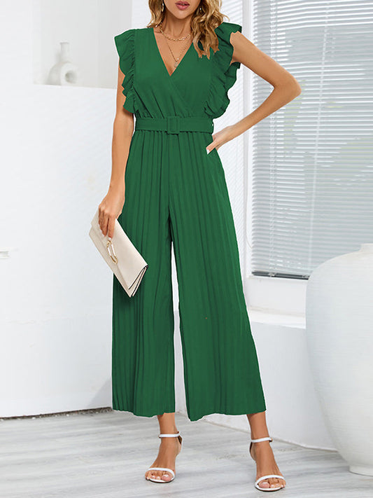 High Waisted Loose Belted Pleated Ruffled Solid Color V-Neck Jumpsuits