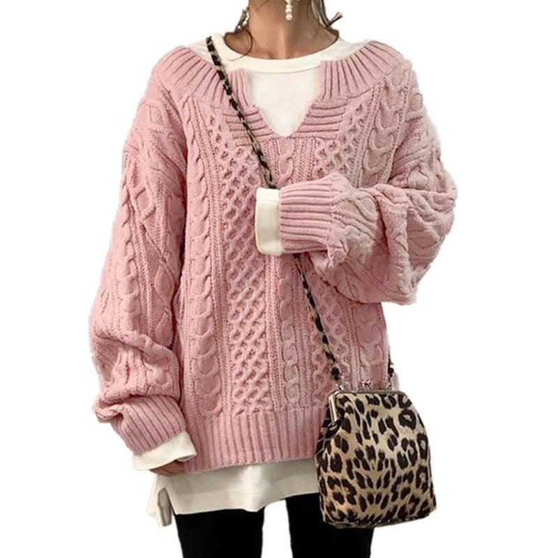 Paris Retro Cable Knit Sweater for Women V Neck Loose Casual Pullover Solid Color Fashion Jumper Tops Long Sleeve Comfort Soft Sweaters loveyourmom Love Your Mom Pink 2XL