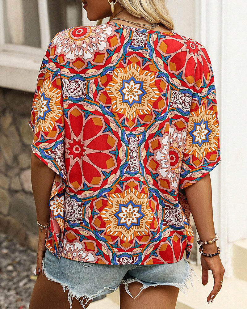 Anna® | Blouse with half-length buttons, v-neck and retro print