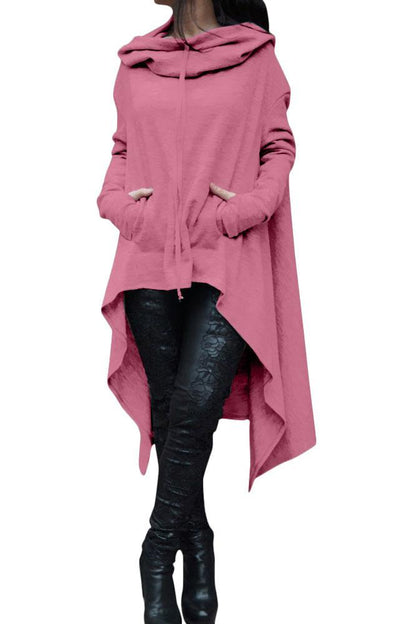 Solid Color Pile Neck Pocket Irregular Long Hoodie