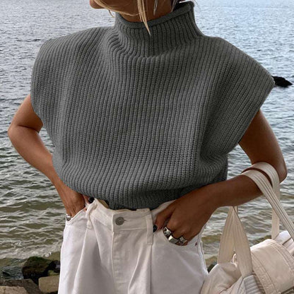 Women's solid colours turtleneck knitted sweater with short sleeves top