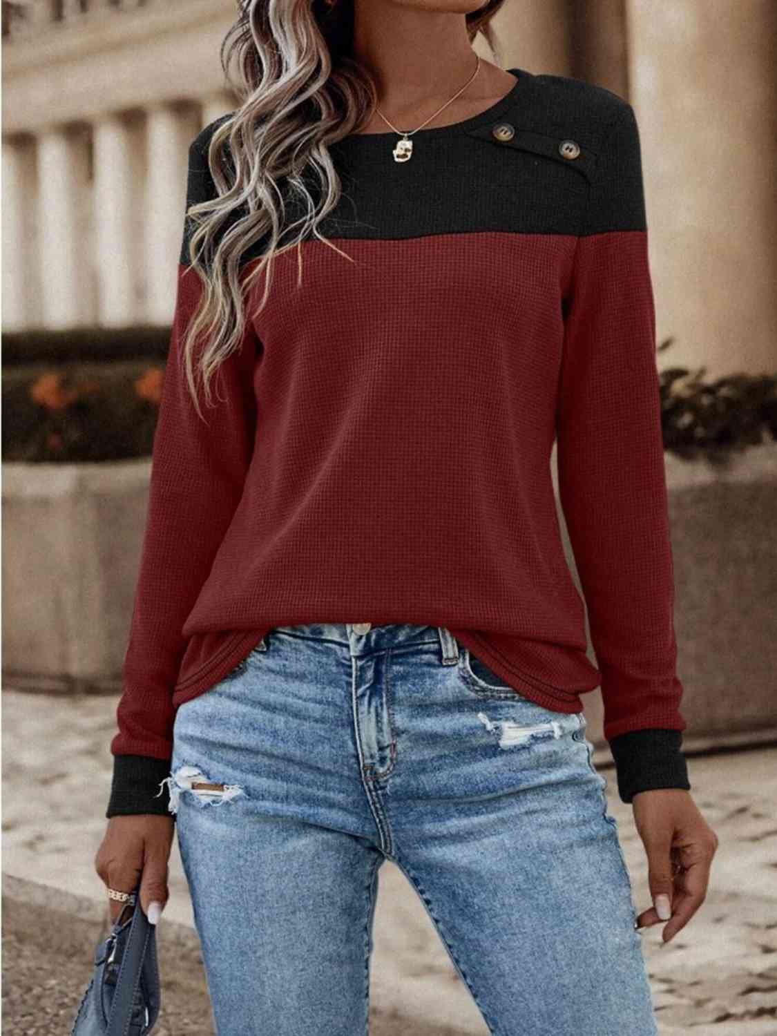 Contrast Color Buttoned Round Neck Long Sleeve Top (3 Colors)  Krazy Heart Designs Boutique