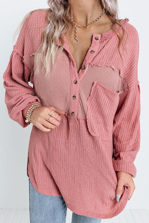 Half Button Raw Hem Long Sleeve Blouse Shirts & Tops Krazy Heart Designs Boutique   