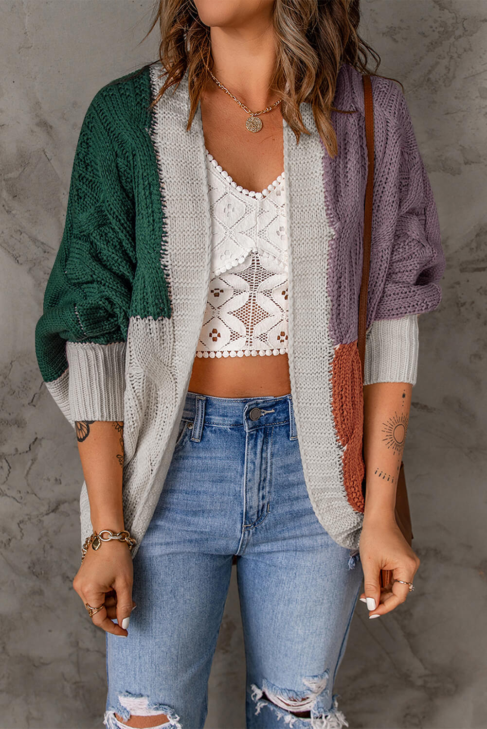 Woven Right Color Block Cable-Knit Batwing Sleeve Cardigan - TiffanyzKlozet