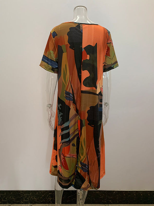 Aubree® | Loose Printed Round-Neck Midi Dresses