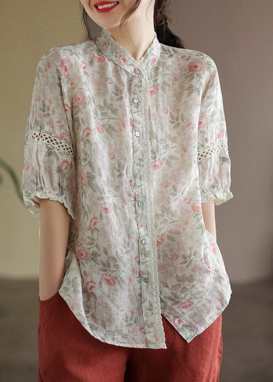 Apricot Print Linen Blouse Top Button Half Sleeve GK-HTP220516