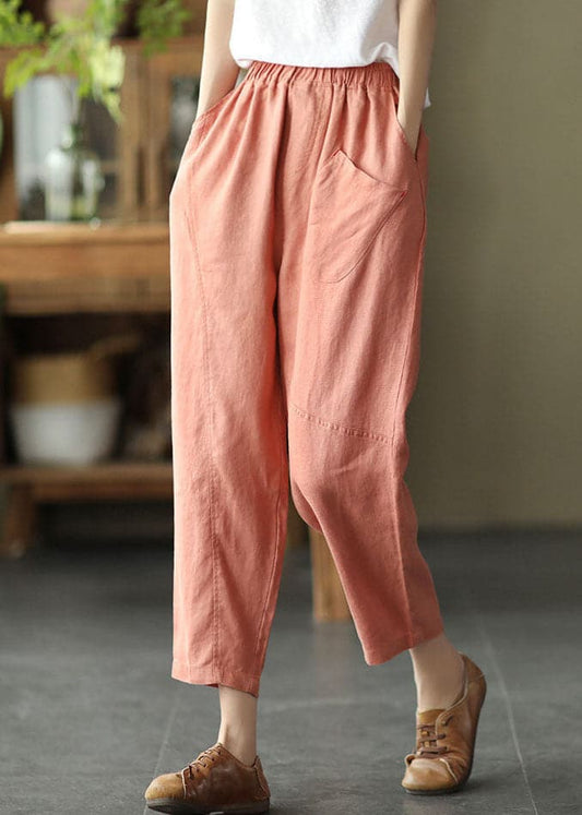 Bohemian Pink Elastic Waist Pockets Linen Crop Pants Summer GK-CPTS220804