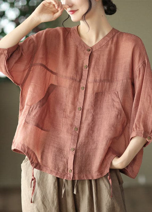 Boho Red O-Neck Oversized Pockets Linen Blouses Bracelet Sleeve GK-HTP220804