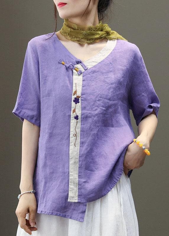 Casual Purple Embroideried Asymmetrical Design Patchwork Summer Linen Blouse Top Short Sleeve GK-STP210720