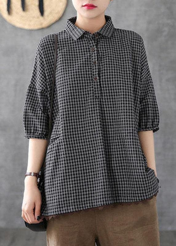 Dark Grey Peter Pan Collar Button Pockets Fall Plaid Half Sleeve Top GK-HTP210819