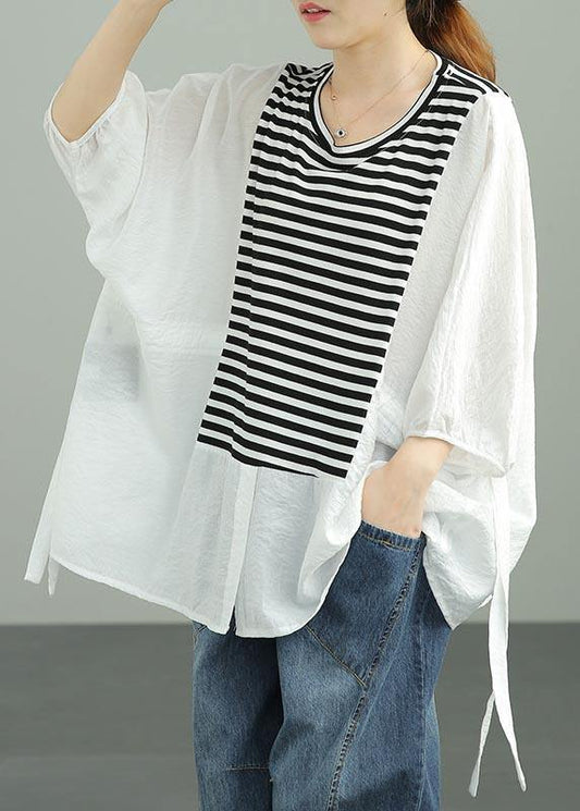 Diy White Patchwork Striped tie waist Cotton Summer Top - SooLinen