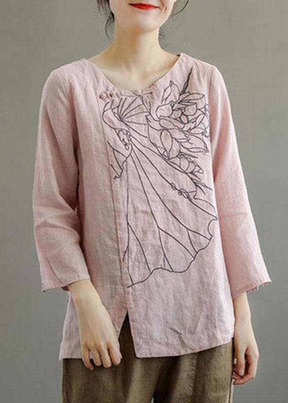 Elegant Pink O-Neck Button Embroideried Fall Linen Long Sleeve Top GK-LTP210819