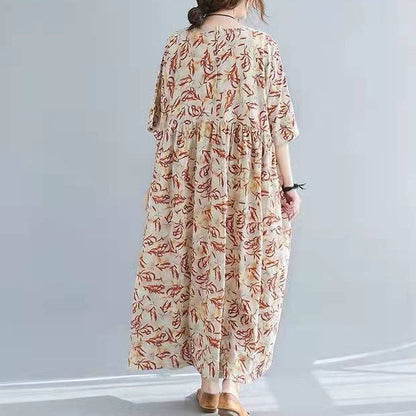 Laura® | French High Waist Cotton Linen Wardrobes Pattern Khaki Prints Maxi Dress Summer