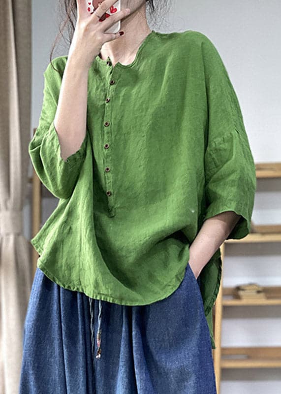 Green Button Side Open Linen Top Three Quarter Sleeve GK-LTP220419