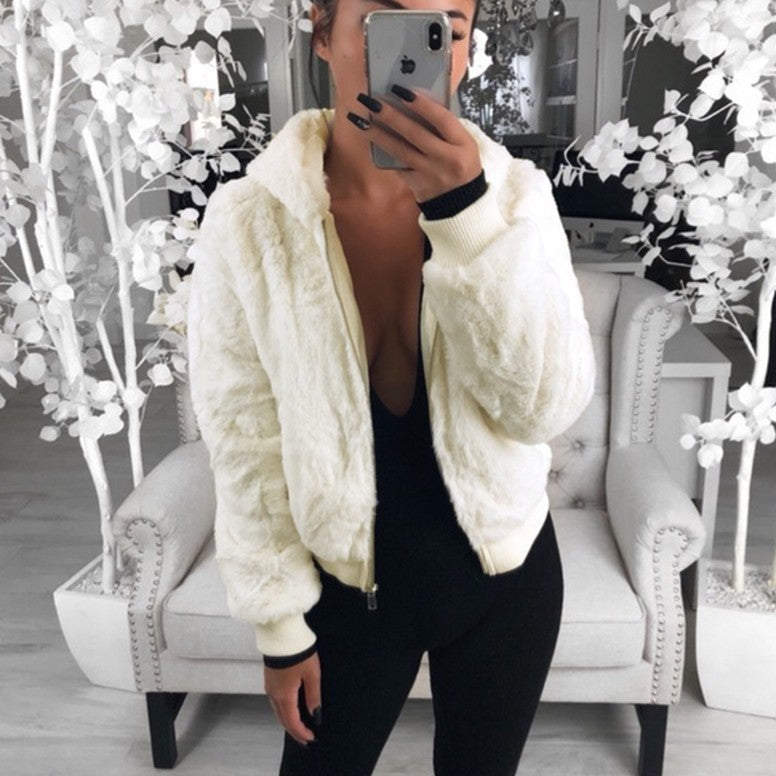 Jackets- Warm Faux Fur Jacket - Plush Ribbed Cuffs, Full Zip Hoodie- - Pekosa Women Clothing