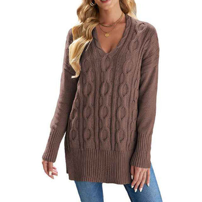     Green-Womens-Cable-Knit-Sweaters-V-Neck-Pullover-Tops-Long-Sleeve-Casual-Sweater-Blouse-Oversize-Knit-Shirts-K151-Side