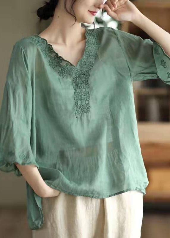 Green Linen Tank Tops Side Open Flare Sleeve GK-STP220418