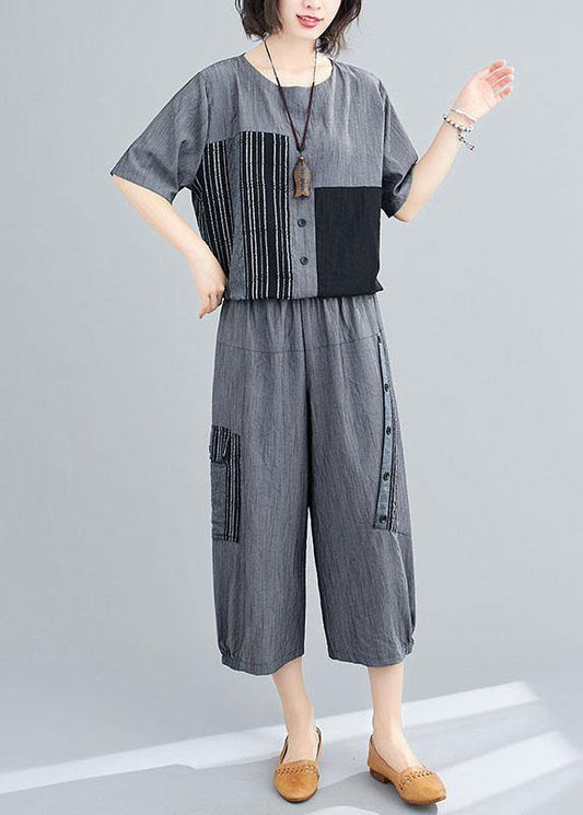 Plus Size Grey Patchwork Print Two Piece Set Women Clothing Summer Linen - SooLinen