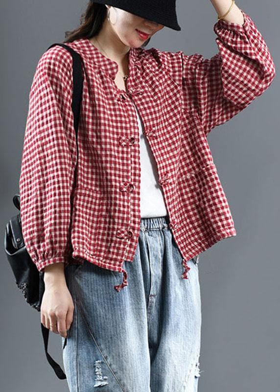 Red Plaid Tie Waist Patchwork Fall Trench Long Sleeve GK-LTP210819