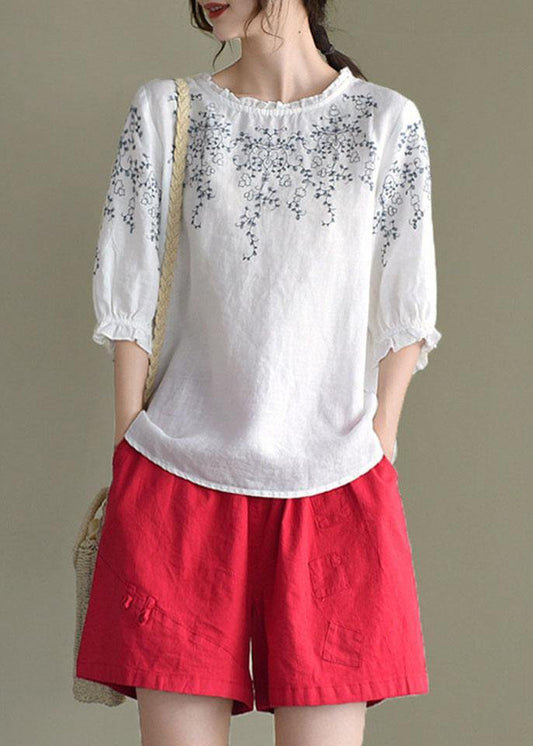 Simple White Loose O-Neck Embroideried Summer Linen Blouse Top - SooLinen