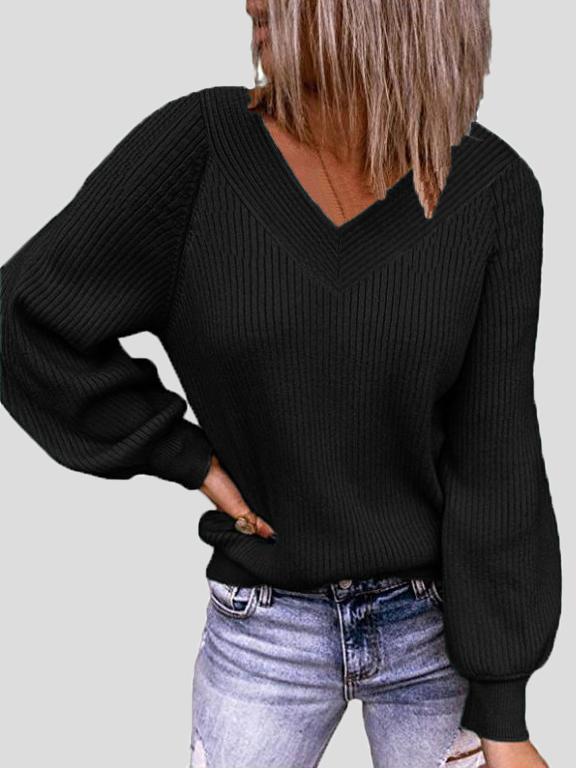 Solid V-Neck Pullover Long Sleeve Sweater Shopvhs.com