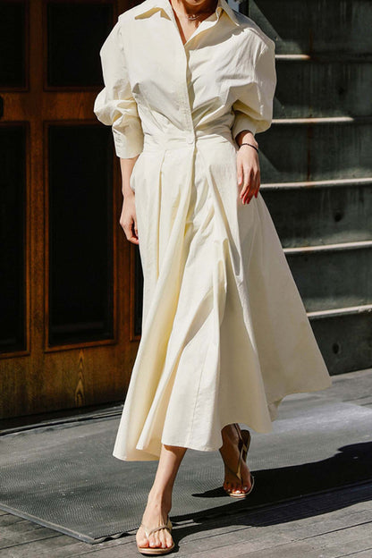 Beatrice® | Cotton Long Sleeve A-Line Shirt Midi Dress