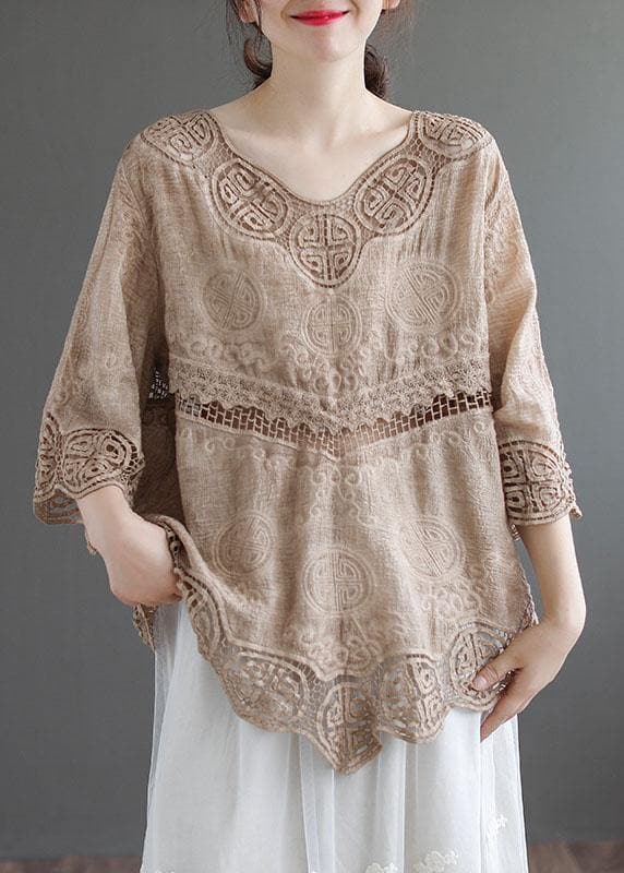 Stylish Khaki O-Neck Embroideried Summer Asymmetrical Design Top GK-HTP210720