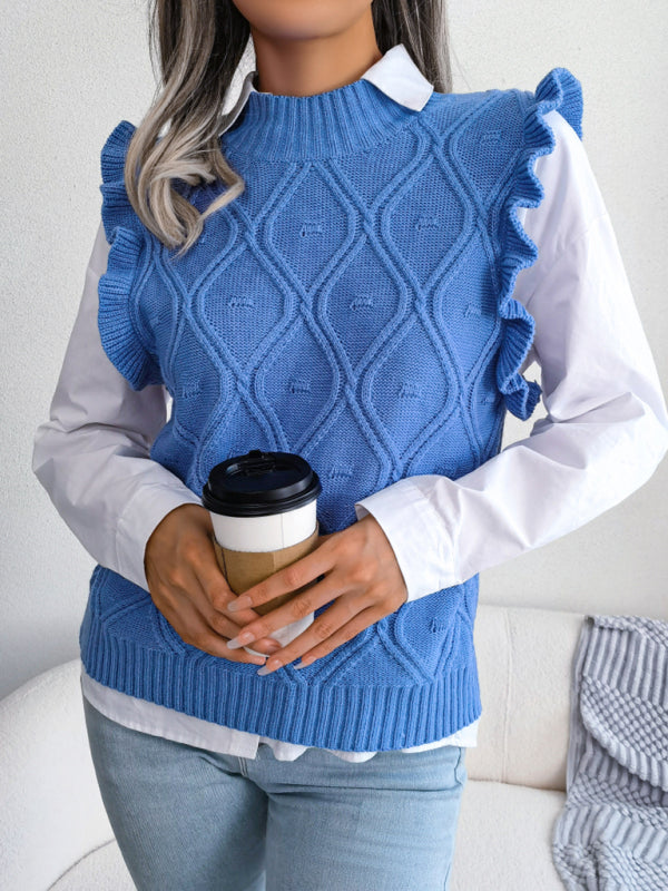 Sweater Vests- Diamond Knit High Neck Sweater Vest- - Pekosa Women Clothing