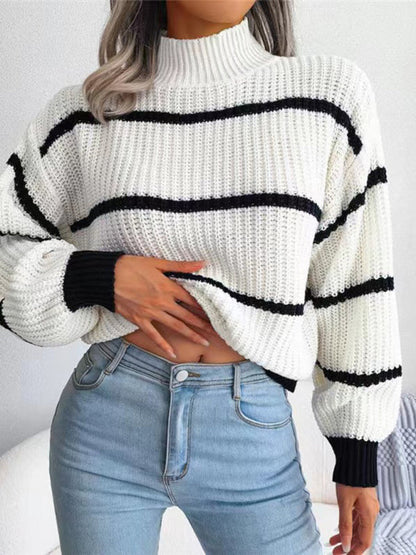 Sweaters- Cozy Chic: Winter's High Neck Stripe Sweater Jumper- White- IndioGear Clothing and Gear