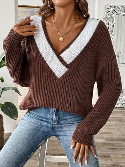 Sweaters- Oversized Wide V-Neck Sweater - Autumn Jumper Layering- - IndioGear.com