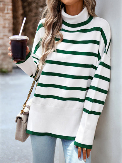 Sweaters-Slouchy Striped Drop Shoulder Turtleneck Sweater-Pekosa Women Clothing