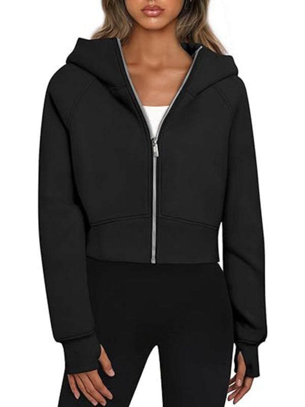 Sweatshirts- Sporty Solid Zip-Up Crop Sweatshirt for Workouts- - IndioGear Clothing and Gear