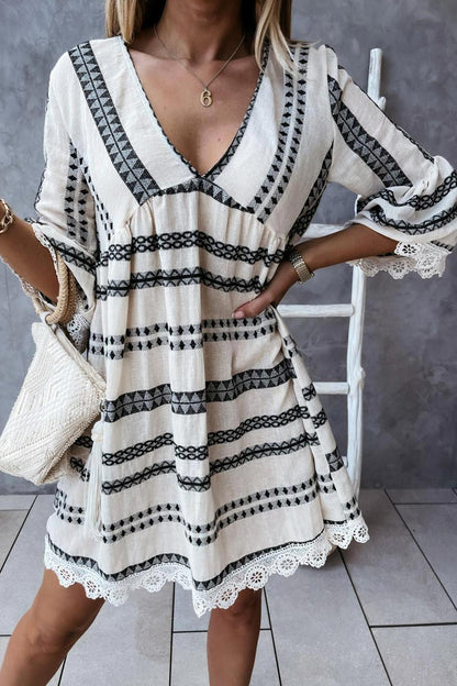 Jessica® | V Neck Lace Patchwork Striped Dress