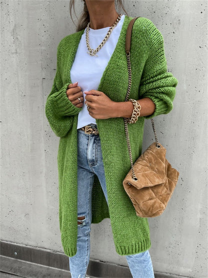 Women’s Solid Color Long Sleeve Knee-Length Knit Cardigan