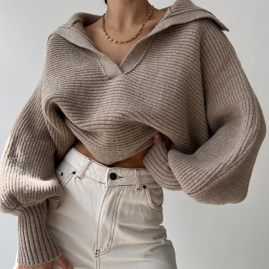 Copenhagen Crop Top Sweater,  Lazy Loose Lantern Sleeve Open Collar Women's Short Sweater loveyourmom Love Your Mom   