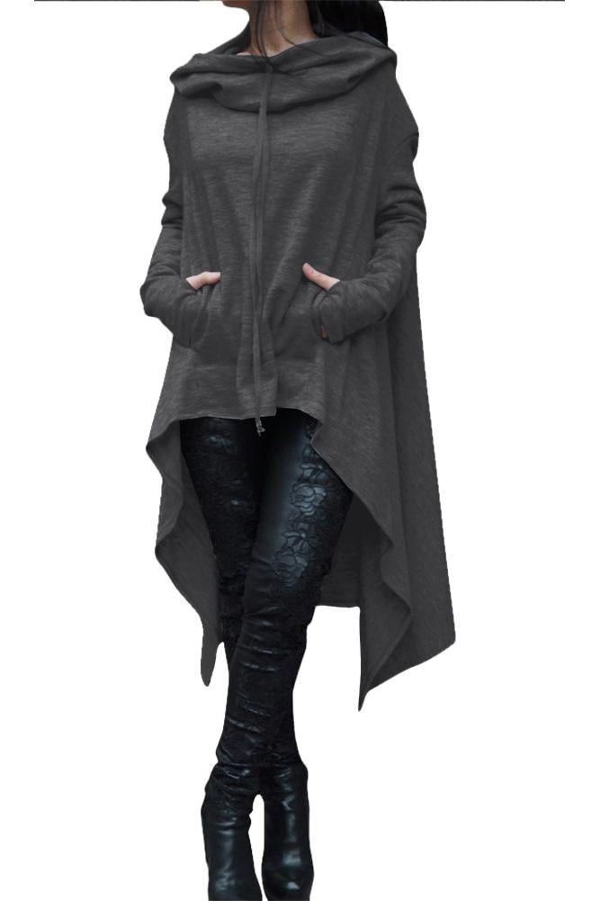 Solid Color Pile Neck Pocket Irregular Long Hoodie