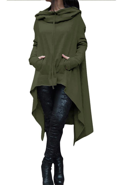 Solid Color Pile Neck Pocket Irregular Long Hoodie