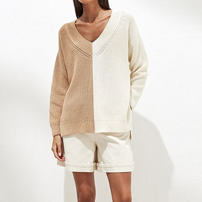 Contrast V - Neck Drop Shoulder Slit Sweater - Admiresty