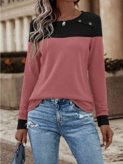 Contrast Color Buttoned Round Neck Long Sleeve Top (3 Colors)  Krazy Heart Designs Boutique