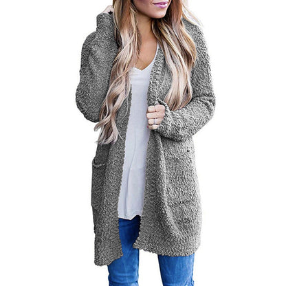 Women’s Solid Color Fleece Mid-Length Cardigan