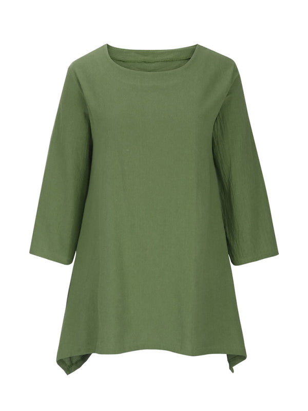 Ilana® | Round Neck Solid Short Sleeve Shirt with Asymmetric Hem