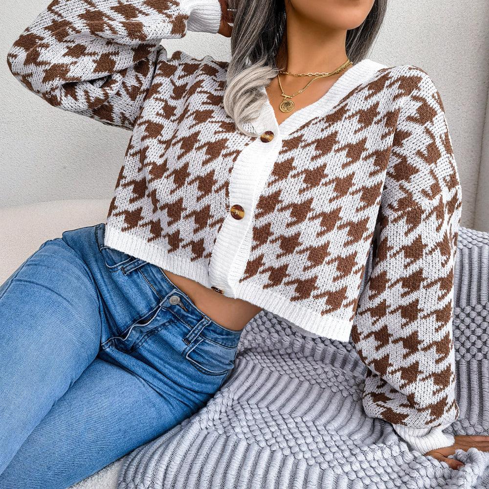 Ins Casual Lantern Long Sleeve Thousand Bird Check Cardigan Sweater - Trendha